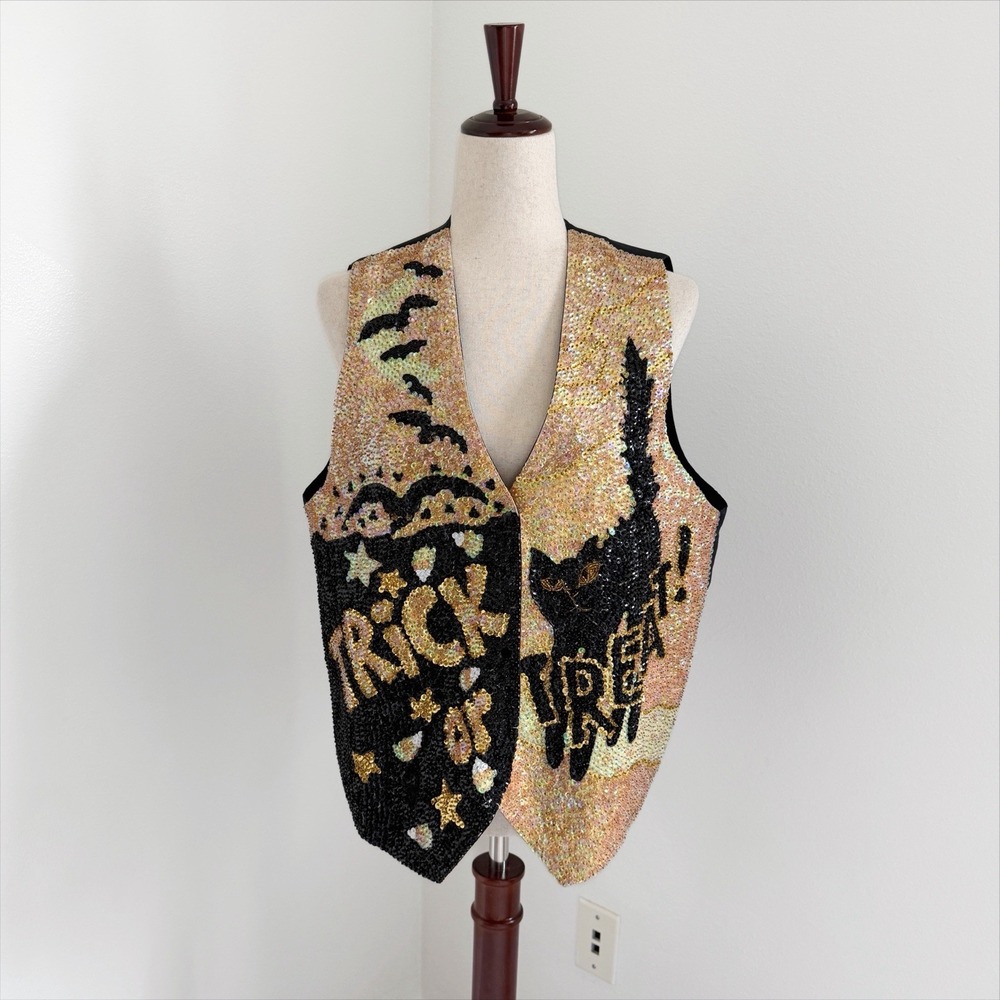 VTG Halloween Vest One Size Orange Black Sequins Black Cat Trick or Treat 90s